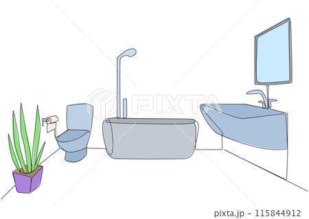 Single one line drawing bathroom in the staycation location. Mini bathtub. Elegant minimalist design. Clean and clear. Maintain neatness and cleanliness. Continuous line design graphic illustration Single one line drawing bathroom in the staycation location. Mini bathtub. Elegant minimalist design. Clean and clear. Maintain neatness and cleanliness. Continuous line design graphic illustration 115844912