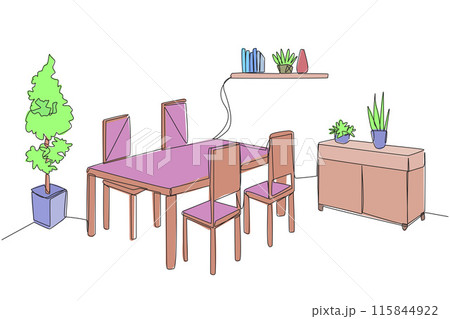 Single continuous line drawing old-style dining room. Made simple and modern with the presence of several additional decorative items. Vintage style dining table. One line design vector illustration 115844922