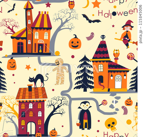 Halloween Houses and Characters Pattern Halloween Houses and Characters Pattern 115845006