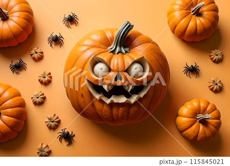 Halloween card, scarecrow in orange tracksuit with pumpkin Halloween card, scarecrow in orange tracksuit with pumpkin 115845021