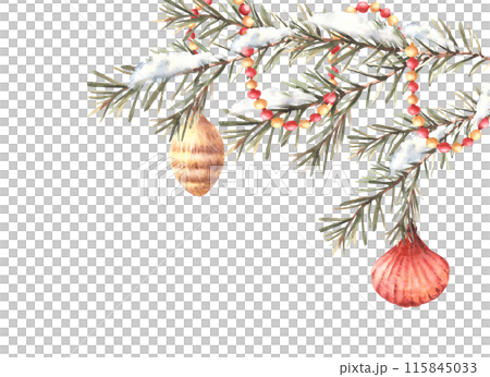 Garland on Christmas tree snowy branch. Red, gold shell, cone and balls vintage Xmas toy, New year holiday decoration Watercolor winter snow fir. Hand drawn illustration template. Isolated background 115845033