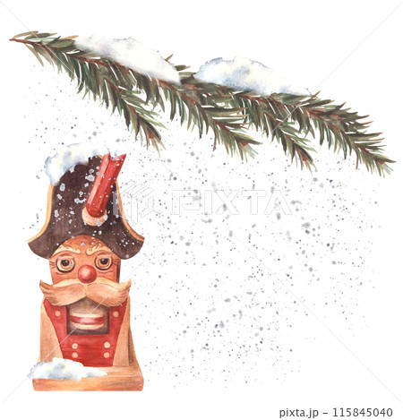 The Nutcracker toy under the snowy branch of Christmas tree. Winter snow. Wooden soldier, traditional new year toy decoration. Watercolor hand drawn illustration. Card template on isolated background The Nutcracker toy under the snowy branch of Christmas tree. Winter snow. Wooden soldier, traditional new year toy decoration. Watercolor hand drawn illustration. Card template on isolated background 115845040