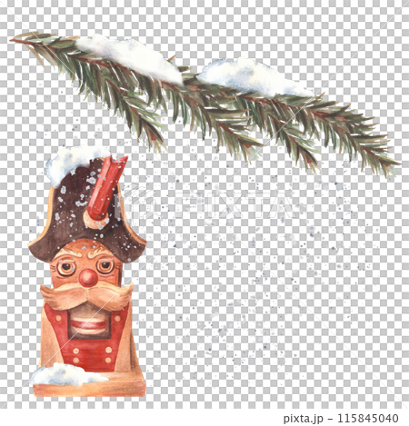 The Nutcracker toy under the snowy branch of Christmas tree. Winter snow. Wooden soldier, traditional new year toy decoration. Watercolor hand drawn illustration. Card template on isolated background The Nutcracker toy under the snowy branch of Christmas tree. Winter snow. Wooden soldier, traditional new year toy decoration. Watercolor hand drawn illustration. Card template on isolated background 115845040