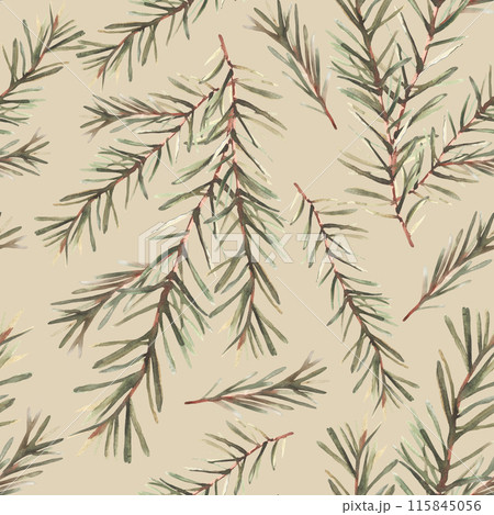 Pine or fir tree branches watercolor winter seamless pattern. Spruce evergreen with needles. Christmas tree twig painted illustration for fabric, wrapping paper on isolated beige coloured background 115845056