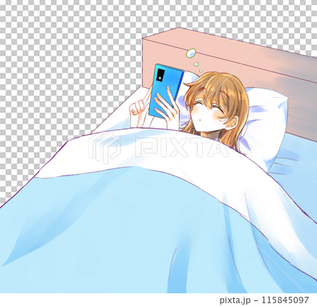 ベッドの中でスマホを見ながらうたた寝する女性 ベッドの中でスマホを見ながらうたた寝する女性 115845097