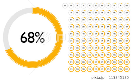 Set of circle percentage diagrams from 0 to 100 for Web Design, User Interface UI UX or Infographic. Loading indicator Colorful Progress Yellow on White Background. Vector illustration. Circle icons 115845180