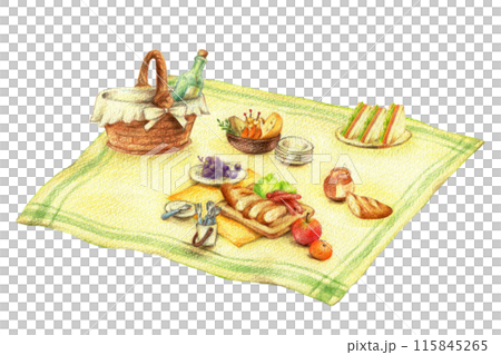 野餐午餐鋪在休閒床單上，手繪色鉛筆畫 115845265