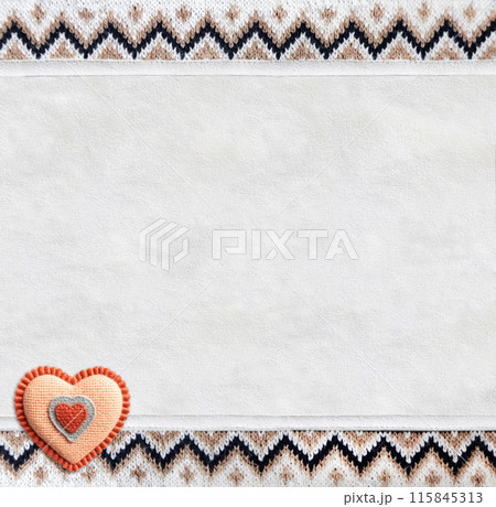 Vertical backdrop with suede texture, border of wool material with knitted ornament and felt heart. Background for scrapbooking with suede leather and sweater knitted texture. Copy space for text 115845313