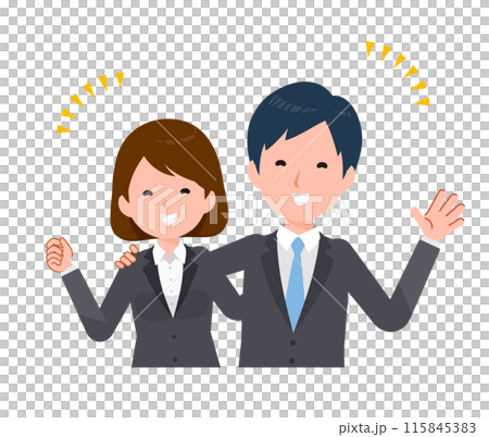 Business people, men and women in suits. Smiling and putting their arms around each other's shoulders. 115845383