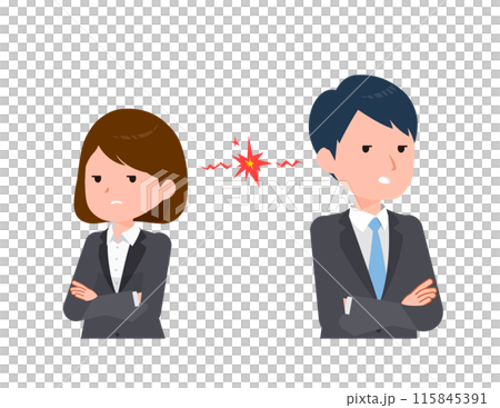 Business people man and woman in suits. Staring at each other during a fight. Business people man and woman in suits. Staring at each other during a fight. 115845391