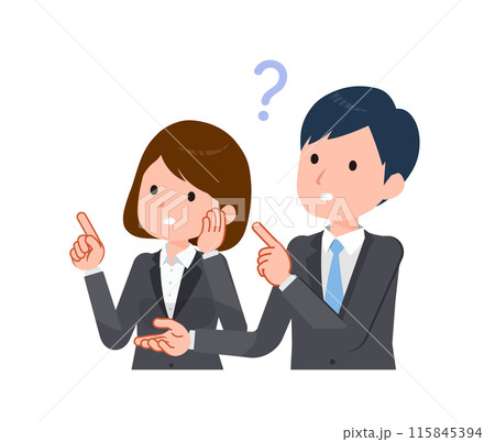 スーツを着たビジネスピープル男女。疑問や不安を訴えているシーン。斜め向き。 115845394