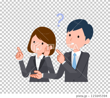 スーツを着たビジネスピープル男女。疑問や不安を訴えているシーン。斜め向き。 115845394