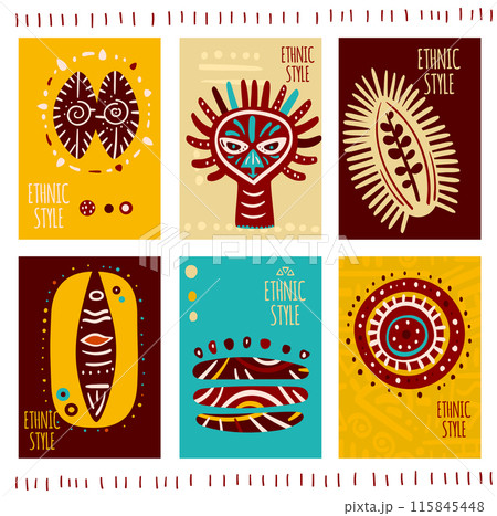 Set of eye-catching card, banner, background, flyer, placard with ethnic ornaments. Collection of cards, gift tags, labels or posters templates with african tribal motifs 115845448