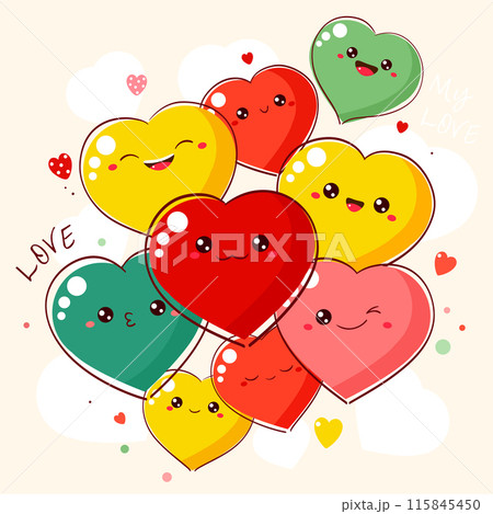 Cute Valentine card in kawaii style. Many cute funny hearts with emoji faces. Inscription My Love. Can be used for t-shirt print, stickers, greeting card design. Vector illustration EPS8 Cute Valentine card in kawaii style. Many cute funny hearts with emoji faces. Inscription My Love. Can be used for t-shirt print, stickers, greeting card design. Vector illustration EPS8 115845450