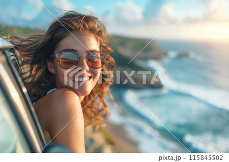 Young woman with sunglasses smiling in a car by the sea 115845502