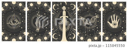 Set of magical celestial illustrations, goddess with sun and moon symbols, all-seeing eye, palm reading, vintage background for witch, astrology, esotericism. Vector. Set of magical celestial illustrations, goddess with sun and moon symbols, all-seeing eye, palm reading, vintage background for witch, astrology, esotericism. Vector. 115845550