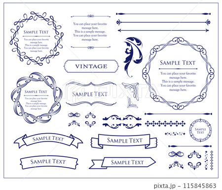 ゴールドのフレームデザイン。アンティークやヴィンテージスタイルの装飾。見出しや罫線のデザインセット 115845863