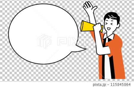 Illustration of a store clerk wearing a happi coat and using a megaphone to cheer customers on, with a speech bubble for you to write in (skin is painted white) Illustration of a store clerk wearing a happi coat and using a megaphone to cheer customers on, with a speech bubble for you to write in (skin is painted white) 115845864
