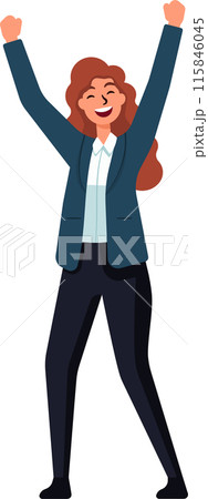 A businesswoman in a blue jacket is smiling and raising her arms in the air A businesswoman in a blue jacket is smiling and raising her arms in the air 115846045