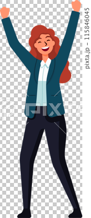A businesswoman in a blue jacket is smiling and raising her arms in the air A businesswoman in a blue jacket is smiling and raising her arms in the air 115846045