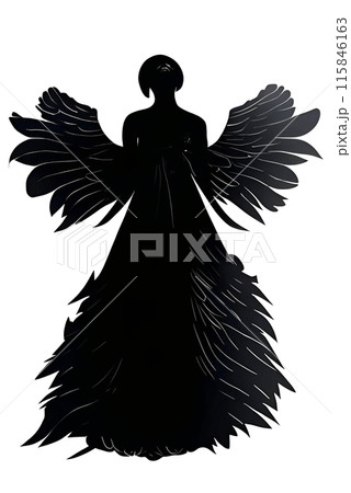 Black silhouette of a woman as angel on white background. Black silhouette of a woman as angel on white background. 115846163