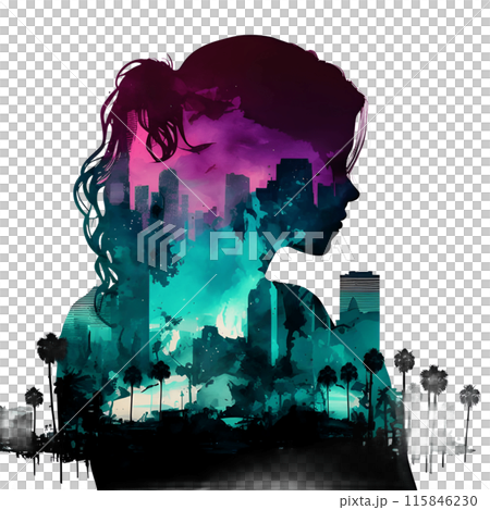 Colorful silhouette of a girl on city background. 115846230