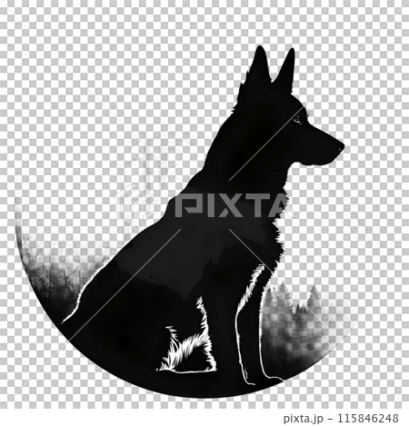 Black silhouette of a dog in circle on white background. 115846248