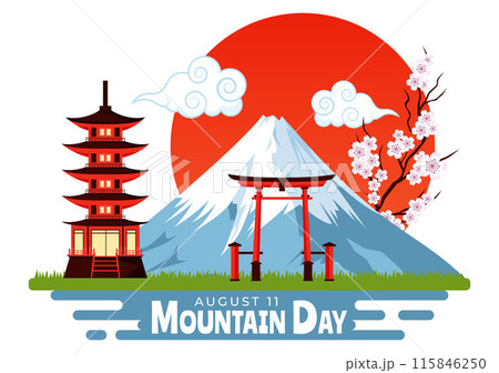 Mountain Day in Japan Vector Illustration on August 11 featuring Mount Fuji and Sakura Flower Background in a Flat Cartoon Style Design Mountain Day in Japan Vector Illustration on August 11 featuring Mount Fuji and Sakura Flower Background in a Flat Cartoon Style Design 115846250