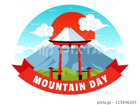 Mountain Day in Japan Vector Illustration on August 11 featuring Mount Fuji and Sakura Flower Background in a Flat Cartoon Style Design 115846265