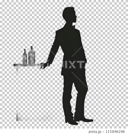 Black silhouette of a man at a bar with bottles on white background. 115846296