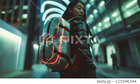 Woman with Futuristic Backpack in City at Night with Neon Lights Woman with Futuristic Backpack in City at Night with Neon Lights 115846344