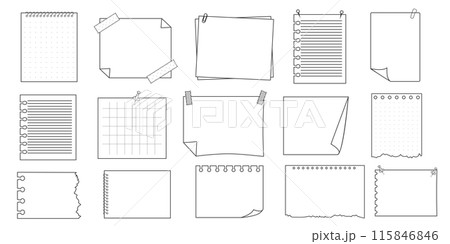 Memo sticky note reminder sheet paper. Doodle paper frame, check list with pin, tape, paperclip elements. Set cute notes, office or school messages. 115846846