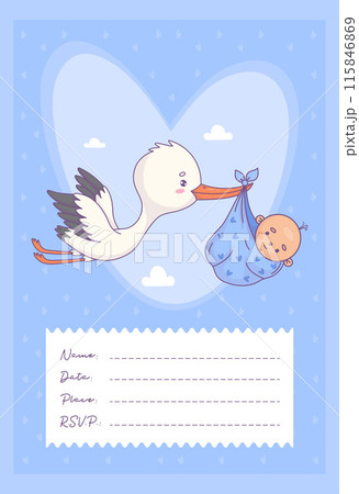 Baby shower card. Cute flying white stork and baby boy arrival. Vector illustration. Cool vertical blue postcard with copy space. Funny Cartoon bird kawaii and delivery of infant. Kids collection. 115846869