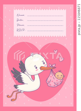 Baby shower card. Cute flying white stork and baby girl arrival. Vector illustration. Cool vertical pink postcard with copy space. Funny Cartoon bird kawaii and delivery of infant. Kids collection Baby shower card. Cute flying white stork and baby girl arrival. Vector illustration. Cool vertical pink postcard with copy space. Funny Cartoon bird kawaii and delivery of infant. Kids collection 115846871