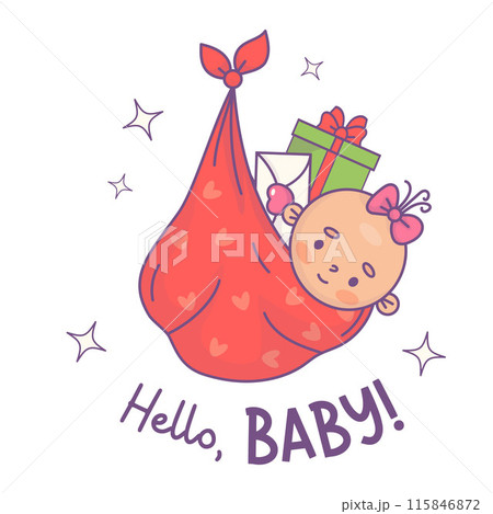 Cute festive newborn girl in bag bundle with gifts. Funny cartoon kawaii holiday infant character. Vector illustration. Kids collection. Hello, baby card. 115846872