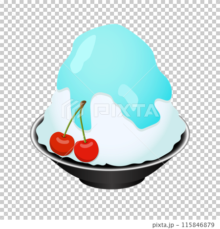 ラムネのシロップがたっぷりかかったかき氷とさくらんぼのイラストの