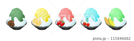 シロップがたっぷりかかった5つの味のかき氷のイラスト 115846882