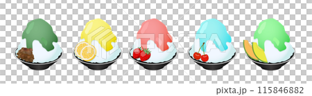 Illustration of five flavors of shaved ice drizzled in syrup 115846882
