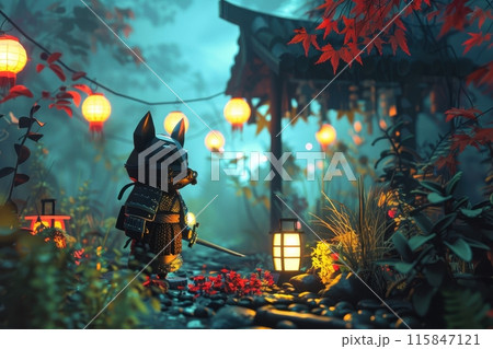 A small black cat is dressed in a samurai costume and holding a sword with Generative AI 115847121