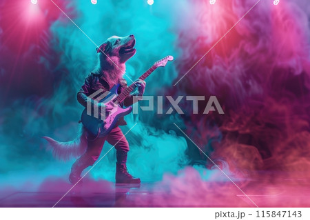 A cartoon dog is playing a guitar on stage in front of a crowd with Generative AI 115847143