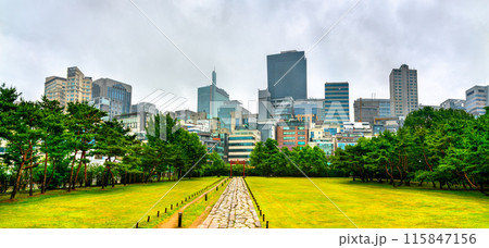 The Seonjeongneung Royal Tombs with Seoul skyline in South Korea The Seonjeongneung Royal Tombs with Seoul skyline in South Korea 115847156