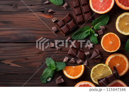 A close up of chocolate and orange slices on a wooden table with Generative AI A close up of chocolate and orange slices on a wooden table with Generative AI 115847166