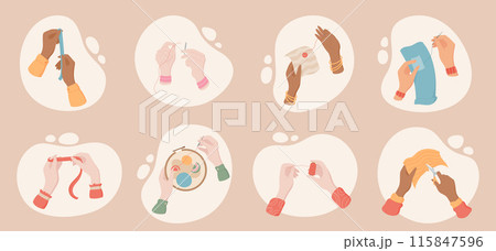 Set of hands sewing with needle and thread, embroidery hoop, tailor working, sewing kit tools. Includes needle, thread, tailor, sew, sewing. Cute cartoon style, flat vector design, hand illustration. 115847596