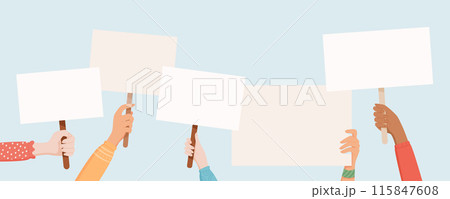 Hands hold blank signs and placards at a protest. The crowd demonstrates strength and solidarity. People, men and women, show community support and empowerment with template banners. 115847608
