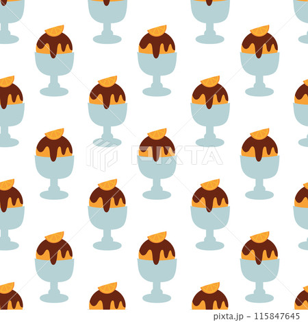 Seamless pattern. Ice cream in glass cup with chocolate and orange. Summer time sweet food background. Vector flat illustration. 115847645