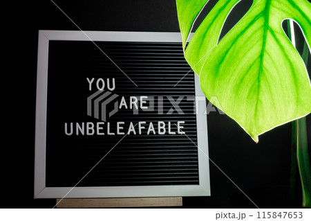 Caption saying YOU ARE UNBELEAFABLE unbelievable Indoors garden healthy space biophilia design. Joke quote humor Monstera house plant with sunset lamp light. Creative 115847653