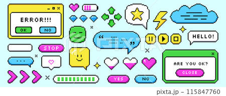 Pixel dialogue boxes, speech bubbles, buttons, message frames and retro game icons 115847760