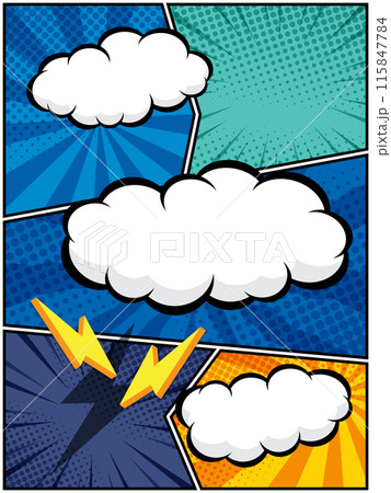 comic speech bubbles in white clouds on a vibrant pop art background Perfect for comic book designs, posters, and graphic projects comic speech bubbles in white clouds on a vibrant pop art background Perfect for comic book designs, posters, and graphic projects 115847784