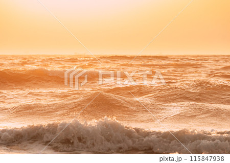 Sea ocean water surface with foaming small waves at sunset. Evening sunlight sunshine above sea. Beautiful natural sunset sky warm colors. Amazing landscape scenery. Crashing waves. Copy space. Nature Sea ocean water surface with foaming small waves at sunset. Evening sunlight sunshine above sea. Beautiful natural sunset sky warm colors. Amazing landscape scenery. Crashing waves. Copy space. Nature 115847938