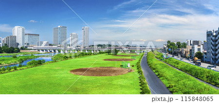 多摩川のパノラマ風景　二子玉川駅のビル群や多摩川緑地などを望む【東京都・世田谷区－神奈川県・川崎市】 115848065